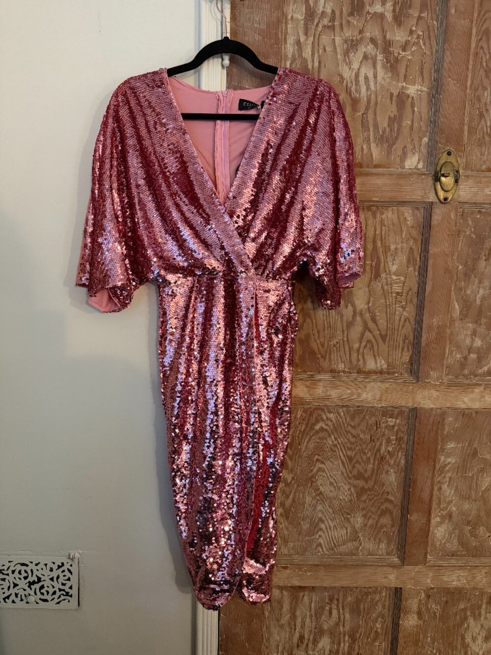 Club L London Rose Pink Sequin Wrap Midi Dress Dolman Sleeves NWT US 6-8